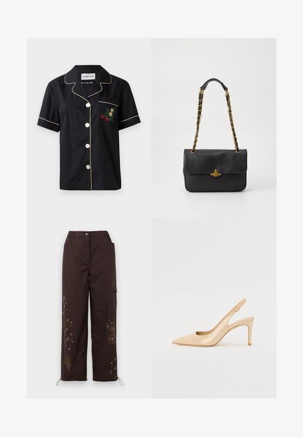 Čierna polokošeľa s krátkymi rukávmi a kontrastným béžovým lemovaním, zapínanie na päť gombíkov vpredu a ľavá náprsník s kvetinovou výšivkou.; Hnedé nohavice s širokými nohavicami a vyšívanými hviezdami a rybími vzormi. Obsahujú elastický pás, dve postranné vrecká a nastaviteľné viazanie na členkoch.; Nude patent leather slingback topánky na vysokom podpätku s špicatou špičkou, otvorenou špičkou a tenkým stiletto podpätkom. Obsahuje kruhový zlatý akcent na popruhu.; Čierna kožená kabelka s preklopeným klopou, zlatým reťazovým popruhom a logom na prednej strane. Hladká štruktúra.
