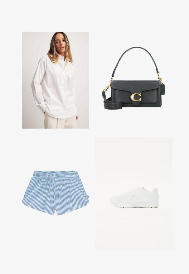 Valge särk, millel on sile kangas, krae, pikad varrukad ja vabalt langev lõige, koos tekstuuriga heledate pükstega.; Sinine ja valge triibuline lühike pükste mudel, millel on elastne vöökoht, ees kaks nuppu ja lõdvestatud istuvus. Kude on sile ja kergesti voolav.; Valge sportlik king, millel on võrkkangas ülemine osa, sidumisdisain, ümar varvas ja tekstuuritud kummist tald minimaalset brändimist.; Mustast nahkvetik, millel on kuldne tarvik, iseloomulik sulgemine, eemaldatav õlavarre rihm ja tekstureeritud pind.