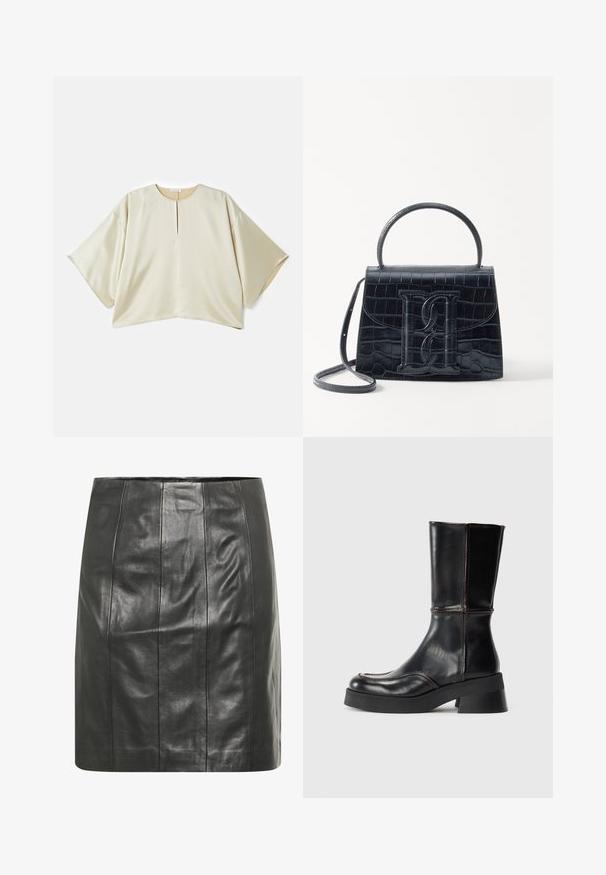 Beige, oversized Bluse mit einem runden Ausschnitt, kurzen, weiten Ärmeln und einem zentralen Schlitz vorne. Glattes, leicht glänzendes Material mit lockerer Passform.; Schwarzer Lederrock mit einer figurbetonten Silhouette, der vertikale Nähte für zusätzliche Textur und ein glattes Finish aufweist.; Schwarze Lederstiefelette mit Blockabsatz, mit kontrastierendem Stich und einer geschwungenen Zehenform. Glatte Textur, eleganter Silhouette.; Schwarze Handtasche aus Krokodilprägung mit strukturiertem Design, Oberhandgriff, verstellbarem Tragegurt und einem auffälligen Logo-Detail auf der Vorderseite.