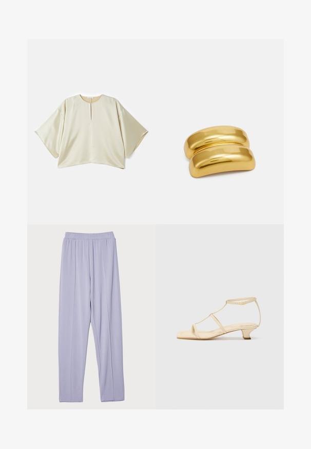 Blusa oversize beige con scollatura rotonda, maniche corte e larghe, e spacco centrale anteriore. Tessuto liscio, leggermente lucido, con una vestibilità ampia.; Pantaloni larghi con vita elastica di colore viola chiaro, con una texture liscia e pieghe laterali. Progettati per il comfort e la libertà di movimento.; Sandali con tacco color beige, design a T-strap, punta quadrata, cinturino alla caviglia regolabile e tacco basso a blocco. Materiale in pelle liscia.; Fermaglio per capelli in metallo dorato con un design liscio e arrotondato. La superficie è riflettente, caratterizzata da una forma curva unita senza ulteriori decorazioni.