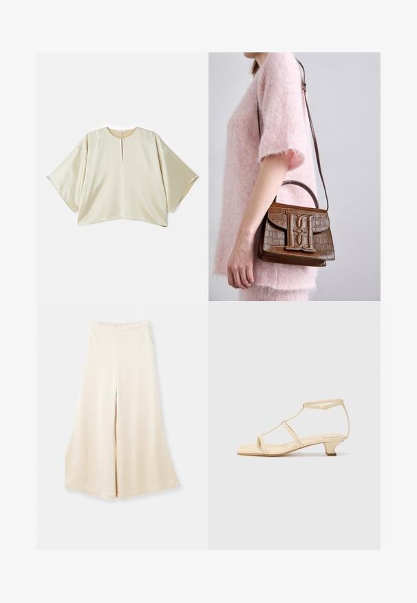 Béžová oversized blůza s kulatým výstřihem, krátkými širokými rukávy a středovým rozparkem vpředu. Hladká, mírně lesklá látka s volným střihem.; Krémové široké kalhoty vyrobené z jemné látky s vysokým pasem a měkkým splýváním. Mají volný střih a čisté, jednoduché linie.; Krémové sandály na podpatku s T-štrukturovaným designem, čtveratou špičkou, nastavitelným páskem kolem kotníku a nízkým blokovým podpatkem. Hladký kožený materiál.; Hnědá kabelka s embossovaným vzorem krokodýla, s horní rukojetí a nastavitelným ramenním popruhem. Na předním klopě se nachází výrazné logo. Měkká textura.