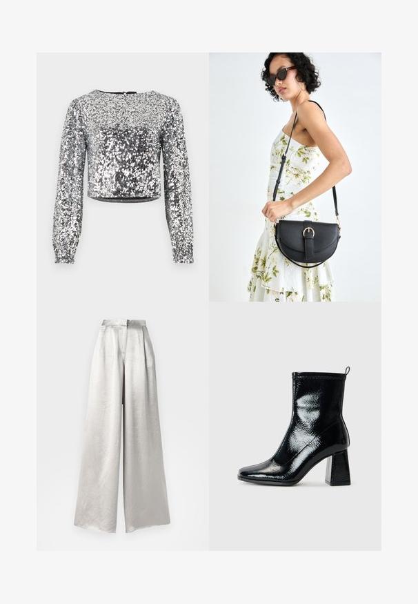 Strieborný krátky lesklý top s dlhými rukávmi, okrúhlym výstrihom a zipsom na chrbte. Hladká textúra s lesklým reflexným povrchom.; Strieborné široké nohavice vyrobené z pokrčenej textúrovanej tkaniny, s vysokým pásom a zipsom na zadnej strane.; Čierne lakované členkové topánky so štvorcovou špičkou a masívnym geometrickým podpätkom. Majú hladkú, lesklú textúru a zadný štítok na ľahké obúvanie.; Čierna kožená kabelka s zaobleným tvarom, odnímateľným popruhom a zlatými doplnkami. Kabelka má klopu s detailom s prackou.