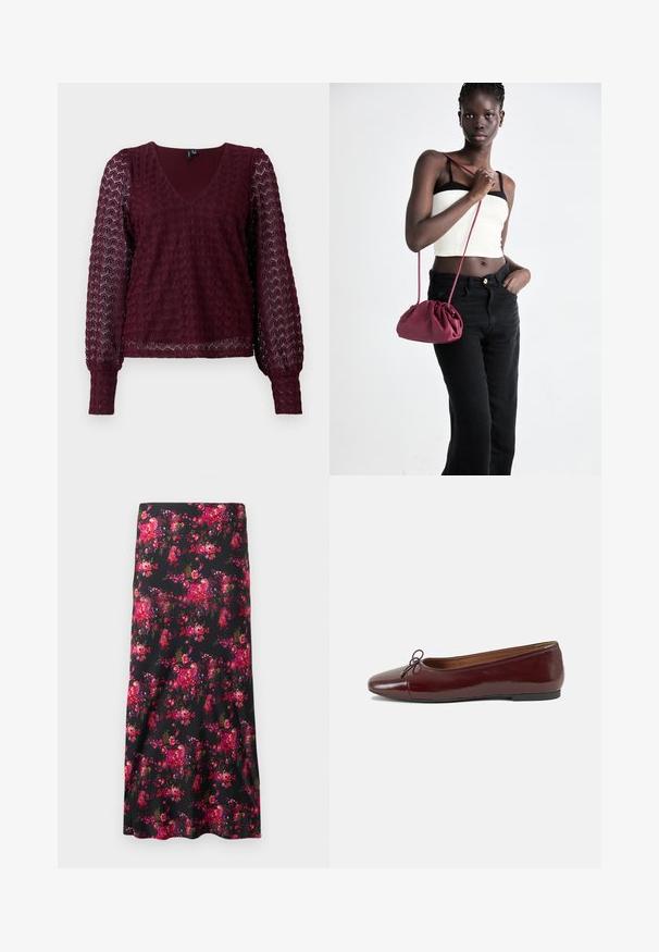 Long-sleeve burgundy lace blouse with V-neck, puffed sheer sleeves, and textured geometric pattern on body and sleeves.; Floral midi skirt in black, featuring a vibrant pattern of pink and red flowers. Smooth fabric, A-line shape, with a wide hem.; Burgundy patent leather ballet flat with a rounded toe, small bow accent at the front, and a low, black rubber sole. Smooth texture.; Burgundy soft fabric handbag with a gathered design and a long strap, worn crossbody. Model wears a white crop top and black jeans.