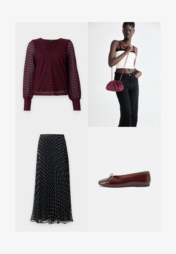 Langærmet bordeaux blondebluse med V-udskæring, oppustede gennemsigtige ærmer og struktureret geometrisk mønster på kroppen og ærmerne.; Sort, plisseret midiskørt med hvidt prikmønster, der har en elastisk talje for en fleksibel pasform. Letvægts, flydende stof.; Bordeaux patentlæder balletflad med rund tå, lille sløjfeaccent foran og en lav, sort gummisål. Glat tekstur.; Bordeaux blødt stof håndtaske med en sammenpresset design og en lang rem, båret som crossbody. Modellen bærer en hvid cropped top og sorte jeans.