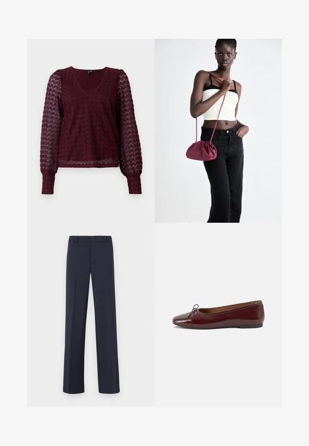 Ilga rankovė burgundiško atspalvio nėriniuota bluzonė su V formos iškirpte, pūstomis permatomomis rankovėmis ir tekstūruotu geometriniu raštu ant kūno ir rankovių.; Tamsiai mėlynos tiesios kojų kelnės, pagamintos iš lygaus audinio. Su priekiniais mygtukais ir šoninėmis kišenėmis. Paprastas ir modernus dizainas.; Bordo lakiotos odos baleto bateliai su apvalia nosimi, maža kaspinėlio akcentu priekyje ir žema juoda guma padanga. Lygi tekstūra.; Bordo minkštas audinys rankinukas su susiraukšlėjimu ir ilgu dirželiu, dėvimas per kūną. Modelis vilki baltą trumpą palaidinę ir juodas džinsus.