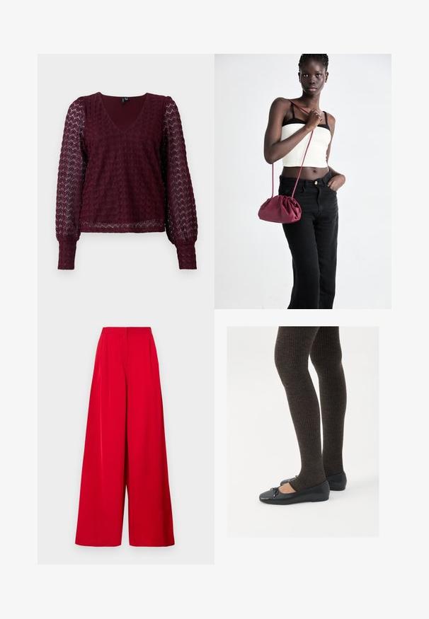 Blusa in pizzo bordeaux a maniche lunghe con scollatura a V, maniche a sbuffo trasparenti e motivo geometrico testurizzato sul corpo e sulle maniche.; Pantaloni a gamba larga in rosso brillante, realizzati in tessuto morbido. Presentano una vita alta, pieghe nette e un design fluido.; Scarpe nere a flat con un piccolo fiocco sulla punta, abbinate a collant a coste marrone scuro. Le scarpe hanno una texture liscia e un profilo basso.; Borsa a tracolla in morbido tessuto bordeaux con design arricciato e una lunga tracolla, indossata a tracolla. Il modello indossa un top corto bianco e jeans neri.
