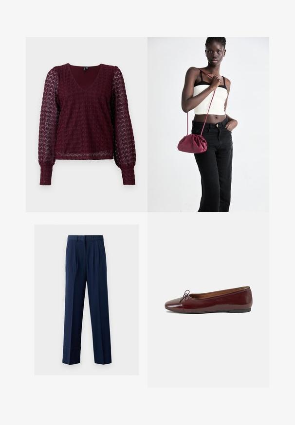 Bluză din dantelă bordeaux cu mâneci lungi, decolteu în V, mâneci umflate transparente și model geometric texturat pe corp și pe mâneci.; Pantaloni obser-v navy, ajustați, cu pliuri, design drept, confecționați dintr-un material ușor. Dispun de un brâu cu bucle pentru curea.; Balerini din piele patent burgund cu vârful rotund, accent de fundiță mică în față și talpă joasă din cauciuc negru. Textură netedă.; Geantă dintr-un material moale de culoare burgundă, cu un design plisat și o curea lungă, purtată pe umăr. Modelul poartă un top alb scurt și blugi negri.