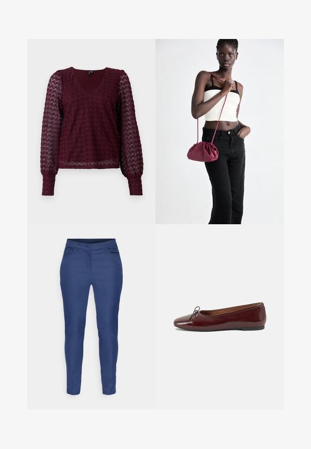 Burgundska čipkasta bluzo z dolgimi rokavi, z V-izrezom, nabranimi prosojnimi rokavi in teksturiranim geometrijskim vzorcem na telesu in rokavih.; Temno modre hlače ozkega kroja iz gladkega blaga, z zapiranjem na gumb, dvema sprednjima žepoma in čistim zaključkom na spodnjem robu.; Burgundska patenti usnjeni baletni čevlji z zaobljenim prstom, majhnim lokom na sprednji strani in nizkim črnim gumijastim podplatom. Gladka tekstura.; Burgundska mehka torbica z zbranim dizajnom in dolgim trakom, nošena čez telo. Model nosi belo kratko majico in črne kavbojke.