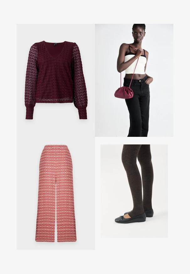 Langermet burgunderblonde bluse med V-hals, puffede gjennomsiktige ermer og teksturert geometrisk mønster på kroppen og ermene.; Røde mønstrede culotter med diamantdesign, elastisk midjebånd og vide ben for komfort og bevegelsesfrihet.; Sorte flate sko med en liten sløyfedetalj på tåen, kombinert med mørkebrune ribbede strømpebukser. Skoene har en glatt overflate og lav profil.; Burgunderfarget myk stoffhåndveske med en samlet design og en lang stropp, båret som en crossover. Modellen har på seg en hvit crop-top og svarte jeans.