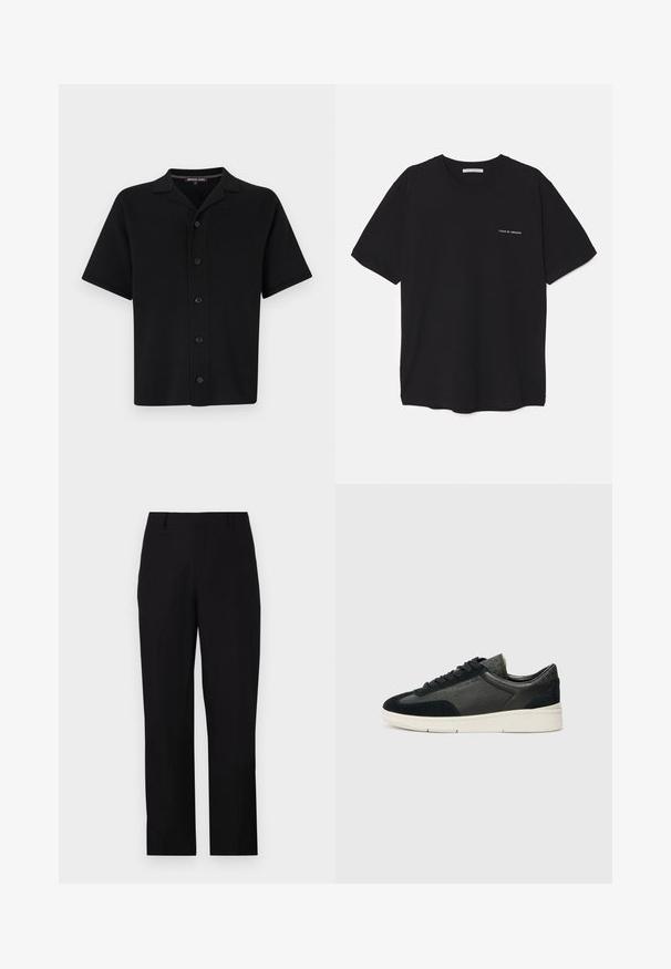 Svart kortermet skjorte med knapperekke laget av mykt stoff. Har krage og seks frontknapper, med rett silhuett og ingen synlige mønstre.; Svart bomull T-skjorte med rund hals, korte ermer, og hvit logo trykk på venstre bryst. Enkel, ensfarget design.; Sorte bukser med rett passform. Laget av glatt stoff, med flat front, beltehemper og sidelommer. Enkel design, uten synlige mønstre.; Lave sneakers med en blanding av svart semsket skinn og teksturert lær, en hvit gummisåle og svarte lisser. Diskret merkevare på siden.