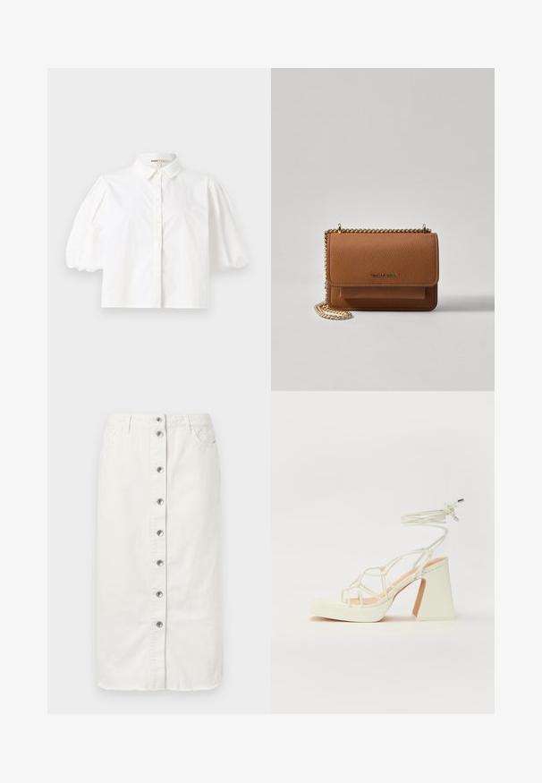 White collared shirt with short puff sleeves, button-down front, and smooth fabric texture. Straight hem with no visible patterns or accents.; White denim midi skirt with front button closure, two side pockets, and embroidered accents at the waistband. Features a raw hem.; White high-heeled sandal with a chunky heel, featuring a strappy design and ankle tie. Smooth texture with a platform front for added height.; Brown textured leather crossbody bag with gold chain strap and flap closure. Front features logo detail and a pocket under the flap.