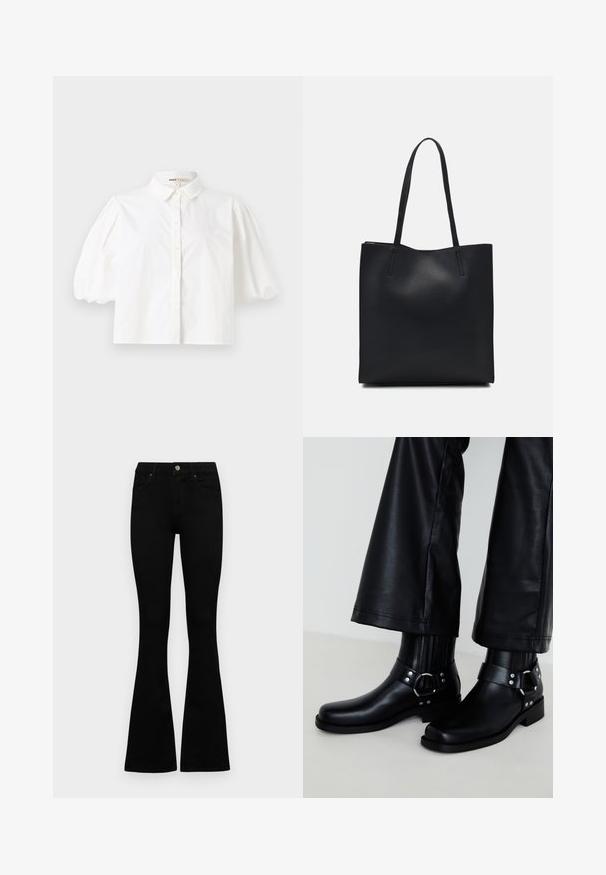 Vit skjorta med kort puffärm, knäppning framtill och slät tygkvalitet. Rak nederkant utan synliga mönster eller dekorationer.; Svarta högmidjade jeans med knäppning och dragkedja, frontfickor och utsvängda ben, liggande platt på en vit bakgrund.; Svarta läderankelstövlar med rundad tå, prydda med en dekorativ spänne och nitar på remmen, samt vertikala ribbade detaljer.; Svart lädertoffelväska med slät textur, rektangulär form och två långa handtag. Ingen synlig hårdvara eller dekorationer.