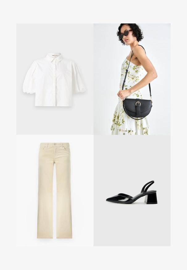 White collared shirt with short puff sleeves, button-down front, and smooth fabric texture. Straight hem with no visible patterns or accents.; Beige straight-leg trousers made of cotton, featuring a front button closure, five pockets, and minimal stitching detail.; Black patent leather slingback heels with a pointed toe and a geometric block heel. Features a sleek, minimal design and smooth texture.; Black leather handbag with a curved shape, detachable strap, and gold hardware. The bag features a flap with a buckle detail.