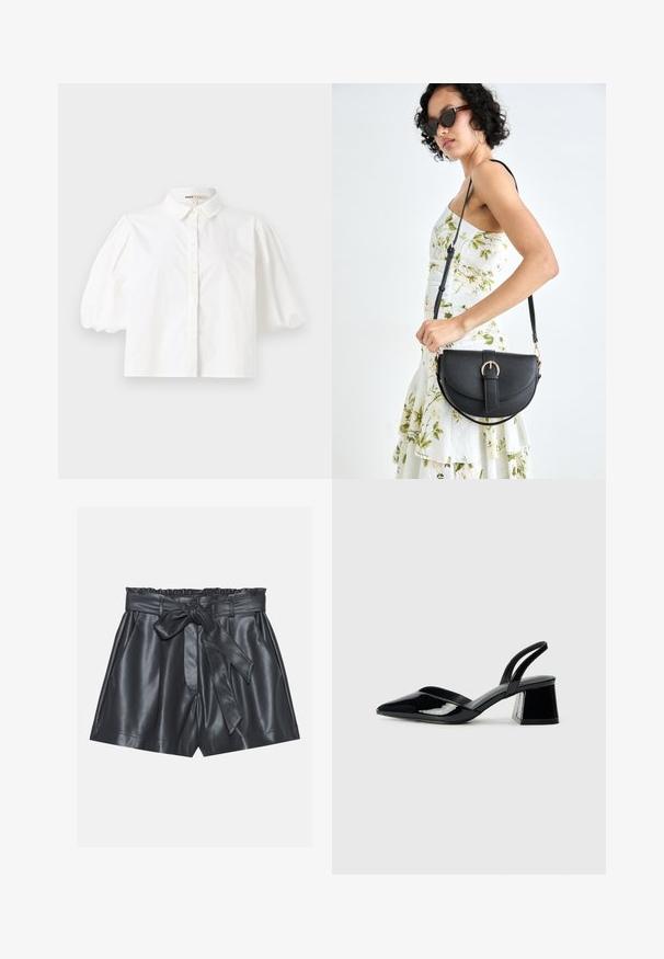 Vit skjorta med kort puffärm, knäppning framtill och slät tygkvalitet. Rak nederkant utan synliga mönster eller dekorationer.; Svarta lädershorts med hög midja, elastisk resår, avtagbart knytbälte och slät textur. Har en rak framsida och sidfickor.; Svarta lackläder slingback klackar med spetsig tå och geometrisk klack. Har en elegant, minimalistisk design och slät yta.; Svart läderhandväska med en böjd form, avtagbar rem och guldiga detaljer. Väskan har ett lock med en spänndetalj.