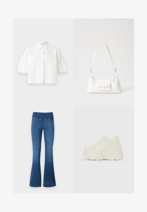 Camisa branca de colarinho com mangas curtas em balão, frente com botões e textura de tecido suave. Barra reta sem padrões ou acentos visíveis.; Jeans flare em denim azul médio, com um cós elástico, textura suave e um leve desbotamento em direção à bainha inferior.; Tênis brancos de plataforma com um cabedal suave semelhante a couro, formato arredondado, colarinho acolchoado e sola de borracha texturizada com ranhuras bem definidas.; Mala sintética branca com formato triangular, aba frontal plana e detalhe de laço, alça ajustável, textura suave e design minimalista.