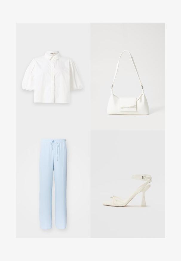 Fehér, rövid puffujjú ing, gombos elejével és sima szövet textúrával. Egyenes szegély, látható minták vagy díszítések nélkül.; Világoskék, laza szabású nadrág, rugalmas derékrésszel és állítható húzózsinórral; puha, légáteresztő anyagból készült, sima felülettel.; Fehér bőr, pántos, magas sarkú szandál, letisztult limezéssel, átlátszó blokk sarkakkal és díszítő elemmel a lábujjaknál.; Fehér szintetikus kézitáska, háromszög alakú, lapos előlap, masni részlettel, állítható pánttal, sima textúrával és minimalista dizájnnal.