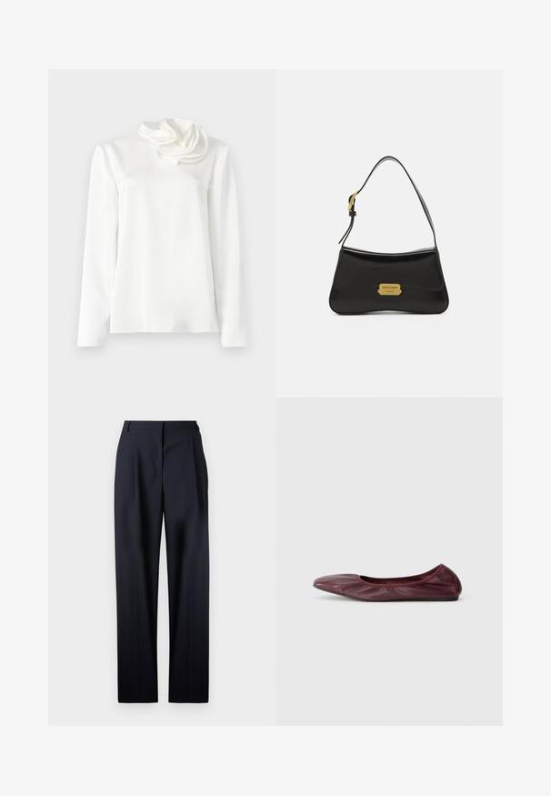 Hvid langærmet bluse med høj hals og en stor stofblomstdetalje på venstre skulder mod en ensfarvet baggrund.; OFFICINE GENERALE NEW SOPHIE FRESCO - Bukser - dark navy; Balletflade i dyb burgundy læder, med rund tå, elastisk kant og glat tekstur med diskret plissering.; Sort læderhåndtaske med et buet design, guld logo-plade detaljer og en slank skulderrem. Glat tekstur med en elegant finish.