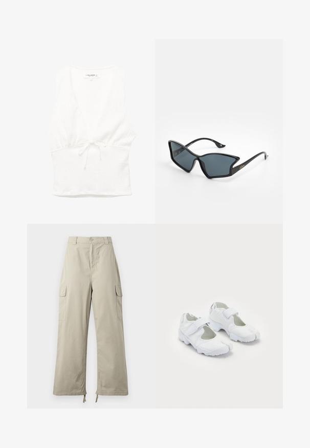 Bela brezrokavnica z V-izrezom, teksturirano blago in zvezanim pasom. Gladek rob in sproščen dizajn, primeren za tople vremenske razmere.; Svetlo bež cargo hlače z ohlapnim krojem, z gumbom na zapenjanju, stranskimi žepi in nastavljivim robom s vezalkami. Gladka tekstura tkanine.; Bela športna obutev z teksturiranim zgornjim delom, nastavljivim Velcro trakom, zaobljenim prstom in masivnim podplatom z izrazitim profilom.; Črne plastične sončne očala z geometrijsko obliko mačjih oči, s sivimi lečami in zlatimi detajli na ročajih. Gladka tekstura celotnega okvirja.