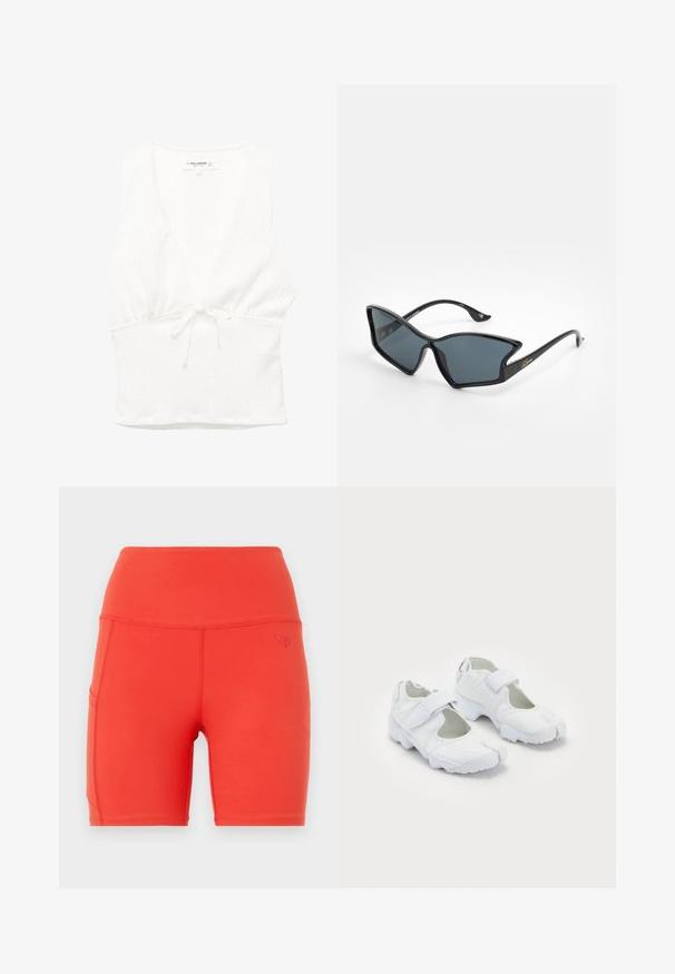 Weißes ärmelloses Oberteil mit V-Ausschnitt, strukturiertem Stoff und gebundenem Bund. Glatter Saum und lässiges Design, geeignet für warmes Wetter.; Rote Sportshorts mit hohem Bund, aus glattem, dehnbarem Material. Mit einer Seitentasche und einem kleinen, geprägten Logo.; Weiße Sportschuhe mit strukturiertem Obermaterial, verstellbarem Klettverschluss, runder Zehenpartie und einer dicken Sohle mit auffälligem Profil.; Schwarze Plastiksunglasses mit einer geometrischen Katzenaugenform, grauen Gläsern und goldenen Akzenten an den Bügeln. Glatte Textur im gesamten Rahmen.