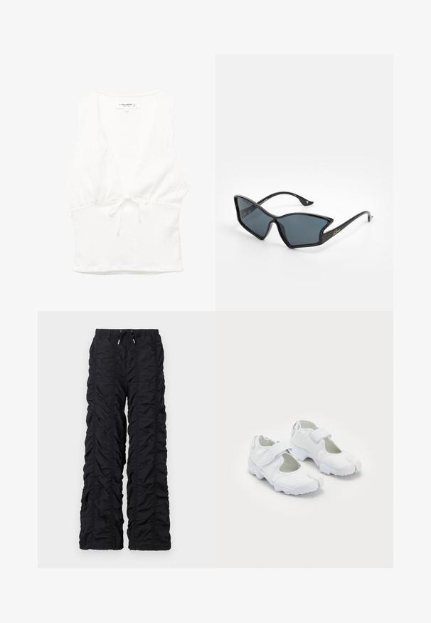 Bela brezrokavnica z V-izrezom, teksturirano blago in zvezanim pasom. Gladek rob in sproščen dizajn, primeren za tople vremenske razmere.; Črne, lahke, quiltene hlače z nabiranjem, elastičnim pasom in zategovanjem na vrvico, s pravimi nogami in brez žepov.; Bela športna obutev z teksturiranim zgornjim delom, nastavljivim Velcro trakom, zaobljenim prstom in masivnim podplatom z izrazitim profilom.; Črne plastične sončne očala z geometrijsko obliko mačjih oči, s sivimi lečami in zlatimi detajli na ročajih. Gladka tekstura celotnega okvirja.