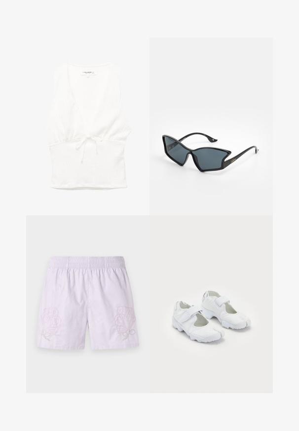Biała, bezrękawnikowa bluzka z dekoltem w serek, wykonana z teksturowanej tkaniny, z wiązanym paskiem w talii. Gładki dół i swobodny krój, idealna na ciepłe dni.; Liliowe bawełniane szorty z elastycznym paskiem w talii, ozdobione miękkim różowym i zielonym haftem kwiatowym z lewej strony, gładka faktura, casualowy styl.; Białe buty sportowe z teksturowanym cholewką, regulowanym paskiem na rzep, zaokrąglonym noskiem oraz masywną podeszwą z wyraźnym wzorem bieżnika.; Czarne plastikowe okulary przeciwsłoneczne w geometrycznym kształcie kociego oka, z szarymi soczewkami i złotymi akcentami na zausznikach. Gładka faktura na całej powierzchni oprawy.