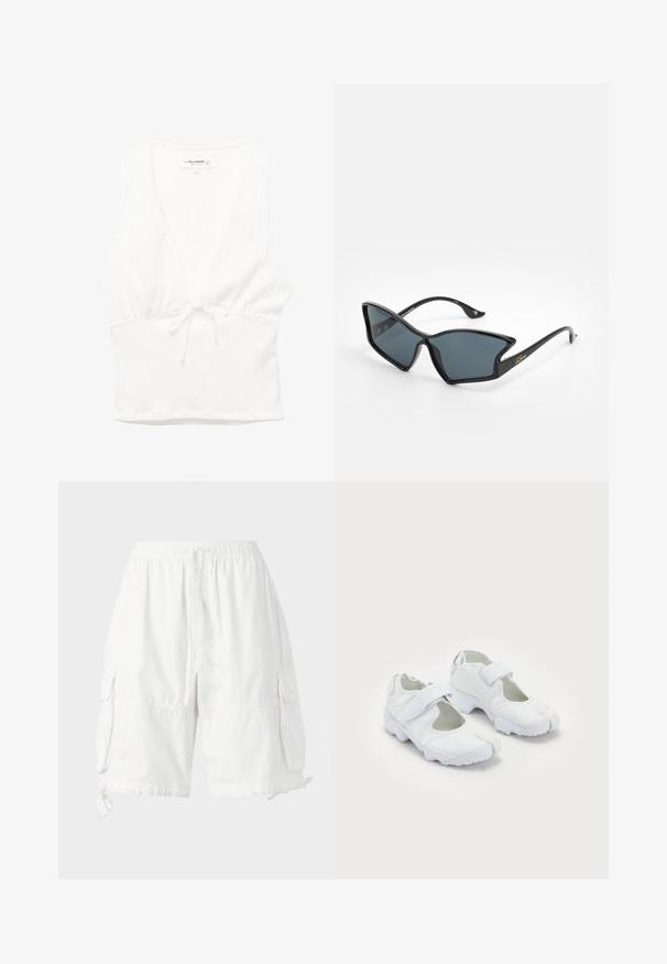 Hvid ærmeløs top med V-hals, tekstureret stof og en bundet talje. Glat kant og casual design, egnet til varmt vejr.; Hvide cargo shorts med elastik i taljen og snoretræk, med to sidelommer og justerbare kantbindinger. Fremstillet af letvægtsstof.; Hvide sportsko med en tekstureret overdel, justerbar velcro-rem, rund tå og en kraftig sål med et tydeligt dækmønster.; Sorte plastiksolbriller med en geometrisk katteøjeform, grå linser og gyldne detaljer på stængerne. Glat overflade hele vejen rundt om stellet.