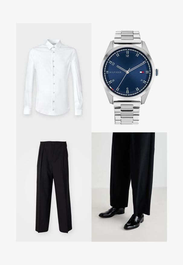 Bijela košulja dugih rukava, napravljena od glatkog pamuka, s klasičnim ovratnikom i kopčanjem sprijeda s odgovarajućim dugmadima.; Crne plisirane hlače s ravnim širokim nogavicama. Izrađene od glatkog materijala, s dugmadi za zatvaranje i petljama za remen.; Crne kožne cipele s glatkom završnom obradom, s glatkim prstom i niskom petom, u kombinaciji s labavim crnim hlačama.; Srebrni metalni sat s četkanim plavim brojčanikom, bijelim oznakama sati i prikazom datuma. Ima povezan metalni remen i logo marke.; Srebrna lančana ogrlica s debelim karikama i središnjim okruglim privjeskom s složenim detaljima. Glatka, reflektirajuća metalna površina.