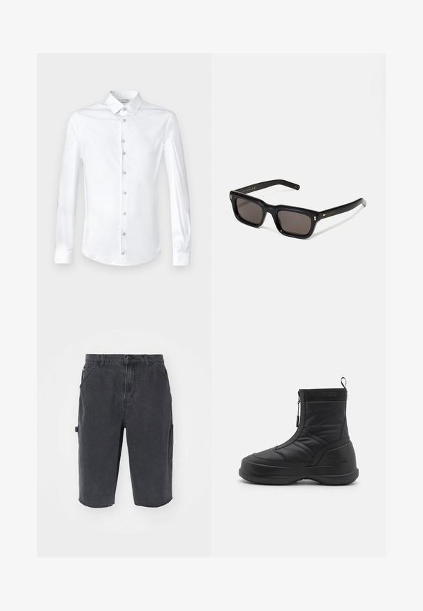 Biała koszula z długim rękawem wykonana z gładkiej bawełny, z klasycznym kołnierzykiem i zapięciem na guziki z dopasowanymi guzikami.; Ciemnoniebieskie szorty cargo o prostym kroju, z bocznymi kieszeniami, widocznymi szwami i surowym wykończeniem. Wykonane z trwałego, lekkiego materiału.; Czarne, wodoodporne buty śniegowe z gładką syntetyczną cholewką, zamkiem błyskawicznym, wyściółką kołnierza i teksturowaną gumową podeszwą. Akcentowane brandingiem "MOON BOOT."; Czarne prostokątne okulary przeciwsłoneczne z ciemnymi soczewkami, grubą plastikową oprawą, złotymi akcentami na zausznikach oraz wygrawerowanym logo marki na ramieniu.