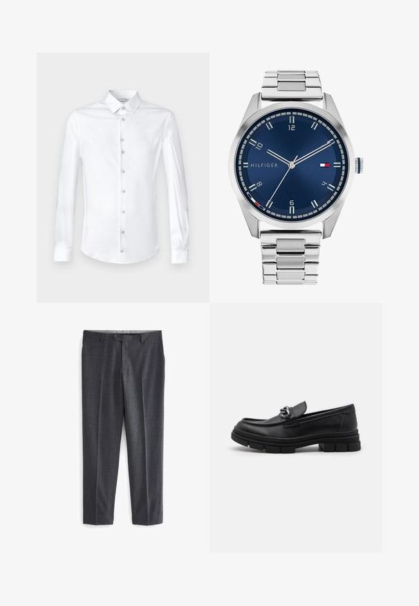 Weißes Langarmhemd aus glattem Baumwollstoff, mit klassischem Kragen und durchgehender Knopfleiste mit passenden Knöpfen.; Graue maßgeschneiderte Hose mit strukturiertem Muster, zwei vorderen Taschen, Gürtelschlaufen und einem einzigen Knopfverschluss an der Taille.; Schwarzer Lederloafer mit runder Zehenform, einem dekorativen Riemen und Hardware sowie einer robusten, strukturierten Sohle. Glatte Oberfläche mit dezenten Details.; Silberne Metall-Uhr mit einem gebürsteten blauen Zifferblatt, weißen Stundenmarkierungen und einem Datumsanzeiger. Verfügt über ein verlinktes Metallarmband und ein Markenlogo.; Silberne Halskette mit dicken Gliedern und einem zentralen runden Anhänger mit filigranen Details. Glatte, reflektierende Metalloberfläche.