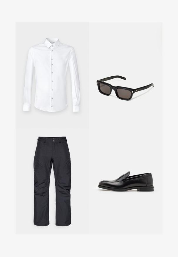 Valge pikkade varrukatega särk, mis on valmistatud siledast puuvillast, klassikalise krae ja nupu kinnitusega, millel on sobivad nupud.; Burton GORE BALLAST - Lumelauapüksid - true black; Mustad mustad nahast loafers sileda tekstuuriga, ümarat ninaosa ja dekoratiivne riba vampi üle. Madal kihiline konts, minimalistlik disain.; Mustad mustakorruselised prillid tumedate läätsedega, paks plastikraam, kuldsed aksendid templites ning kaubamärgi logo graveeritud käe lilla.