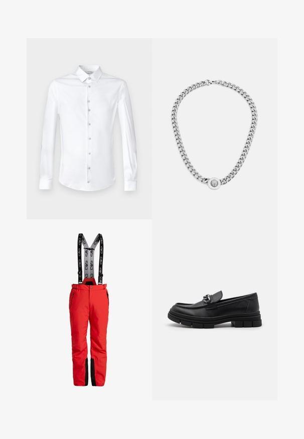 Balts garām piedurknēm krekls no gludas kokvilnas, ar klasisku apkakli un pogu aizdari priekšpusē ar atbilstošām pogām.; Sarkani slēpošanas bikses ar regulējamiem melniem piekariņiem, kas rotāti ar logotipu. Iekļauj lietusnecaurlaidīgas kabatas un melnus akcentus pie pēdām. Ūdensnecaurlaidīgs materiāls.; Melnas ādas loafer kurpes ar noapaļotu purngalu, dekoratīvu jostu un aparatūru, kā arī masīvu teksturētu zoli. Gluda virsma ar smalkām detaļām.; Sudraba ķēdes kaklarota ar bieziem gredzeniem un centrālu apļa kulonu ar sarežģītu detaļu izstrādi. Gluda, atstarojoša metāla virsma.