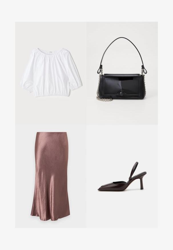 Valge, kerge pluus ümmarguse kaelusega, kolmeveerandpikkade puhv-sleeved ning elastse vöökohaga, millel on sile ja läikiv tekstuur.; Satiinist midi seelik mahe roosa värviga, sile tekstuur, veidi helendav äär, lihtsa disainiga ja ilma nähtavate kinnituste või kaunistusteta.; Kohvpruun patendiga nahast slingback-king, millel on terav nina ja kitsas kõrge konts. Omab elegantset disaini ja sujuvat pindade tekstuuri.; Mustmust mustkott mustmust mustkott, millel on ristkülikukujuline kuju, kettstrap ja silmapaistev viimistlusaktsent keskel. Sile tekstuur.