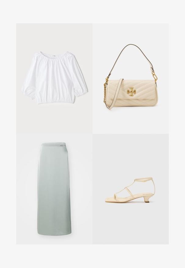 Blouse blanche légère avec un col rond, des manches bouffantes trois-quarts et une taille élastiquée, présentant une texture lisse et brillante.; Jupe longue, vert clair, en tissu lisse. Présente une coupe droite avec une fermeture éclair dissimulée à la taille. Design minimaliste, sans motifs ni accents.; Sandales à talons beiges avec un design à T, bout carré, bride de cheville réglable et un petit talon carré. Matériau en cuir lisse.; Sac en crème matelassé avec un accent logo doré, doté d'une anse en chaîne et cuir. Design structuré et texture lisse avec couture en diagonale.