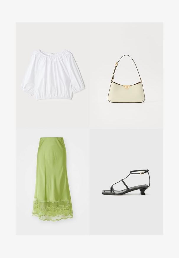 Vit, lätt blus med rund halsringning, trekvartslånga puffärmar och elastisk midja, med en slät, glänsande textur.; Lång, limegrön kjol gjord av slät tyg. Har en spetsdetalj vid fållen, med blommönster broderade i matchande färg.; Svart lädersandal med fyrkantig tå, tunna remmar, justerbar ankelrem och låg klack. Har en liten guldaccent på remmen.; Läderhandväska i crème med en böjd form. Har en guldtonad logodetalj och ett tunt, justerbart mörkt band.