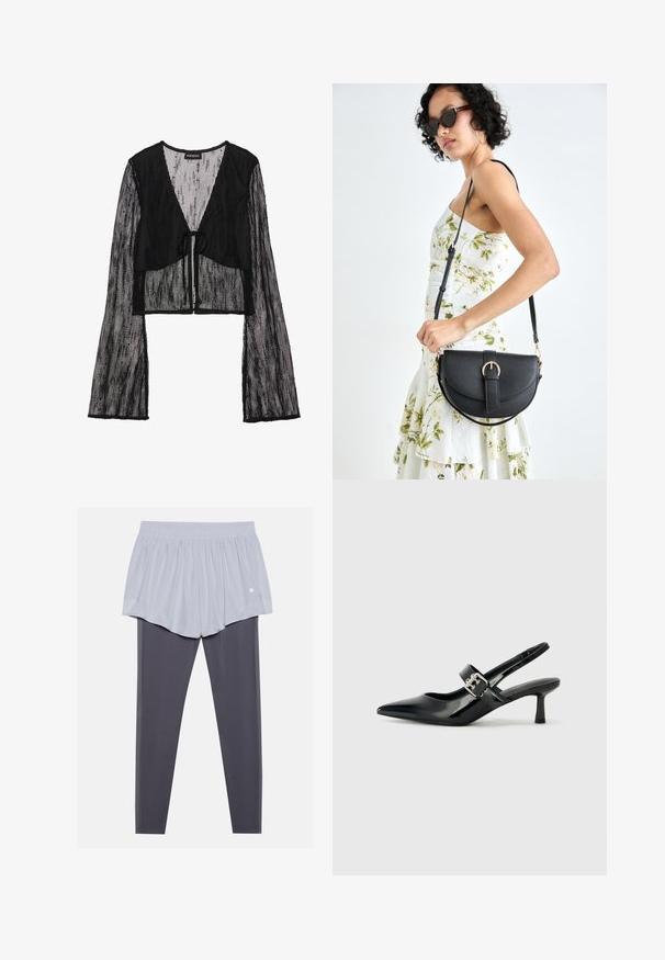 Juodas pasirišamas viršus, pagamintas iš permatomo tinklelio. Yra užtrauktukas priekyje ir ilgomis varpo formos rankovėmis su tekstūruotu raštu.; Šviesiai pilkos sportinės šortai su elastinga juosmens linija, dėvimi virš tamsiai pilkų tampres. Abi medžiagos yra glotnios, ištemptos ir pristatytos.; Juodai lakuoti slingback aukštakulniai su smailiu kojų pirštu ir mažais blokiniais kulniukais, su sidabro sagtimi ant dirželio.; Juodas odinis krepšys su išlenkta forma, nuimamu dirželiu ir auksiniais detalėmis. Krepšys turi kilpą su sagtimi.