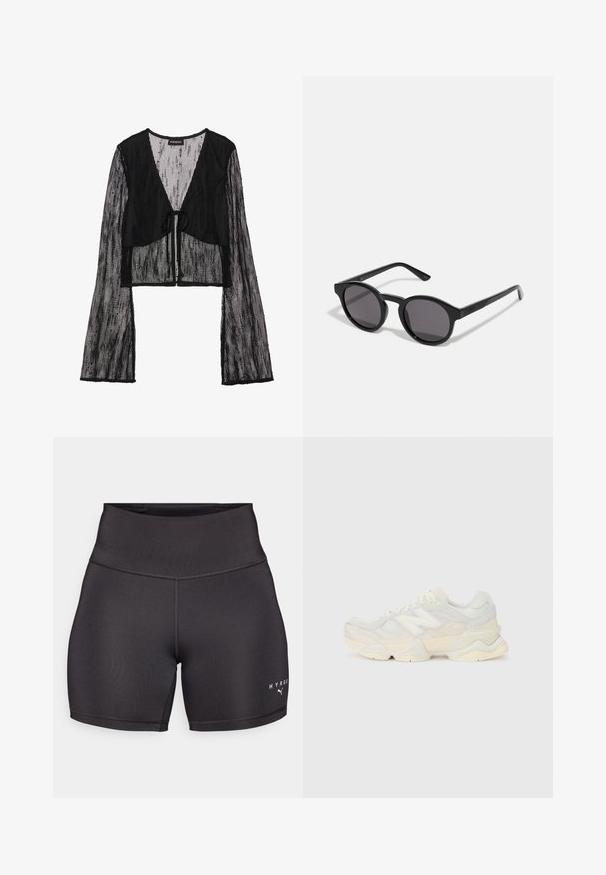 Zwart cropped top gemaakt van doorzichtig mesh materiaal. Heeft een striksluiting aan de voorkant en lange klokmouwen met een textuurpatroon.; Zwarte sportshorts met een hoge tailleband, gemaakt van soepel, rekbaar materiaal. Bevat platte naden en witte logo-tekst aan de onder rechterkant.; Lichte sneaker met een bovenwerk van mesh en suede in zachte crèmekleuren, met een chunky zool en driedimensionale accenten.; Zwarte zonnebril met een rond, licht golvend frame, donkere glazen en rechte zwarte pootjes. Glad, glanzend oppervlak zonder zichtbare patronen.