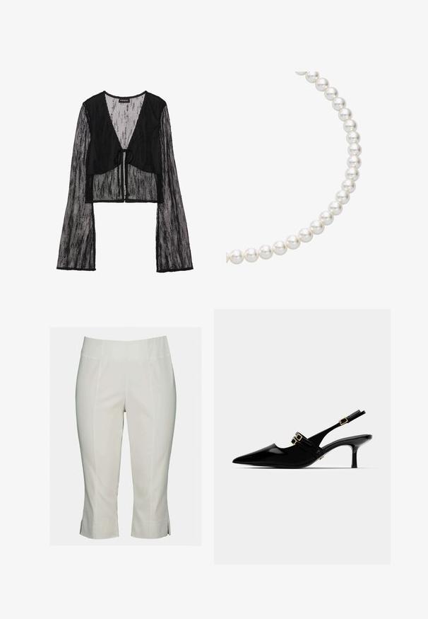 Schwarzes, kurzes Top aus durchscheinendem Netzstoff. Verfügt über einen Bindeschluss an der Vorderseite und lange Glockenärmel mit einem strukturierten Muster.; Weiße, kurze Hosen aus glattem Stoff mit einem flachen Bund, Vordernähten und seitlichen Schlitzen am Saum für zusätzlichen Detail.; Schwarze Lackleder Slingback-Absätze mit spitzem Zehenbereich, ausgestattet mit doppelten goldenen Schnallenakzenten und einem schlanken Stiletto-Absatz.; Perlenkette mit runden, glänzenden weißen Perlen, die zusammengefädelt sind und eine glatte Oberfläche sowie eine gleichmäßige sphärische Form zeigen.