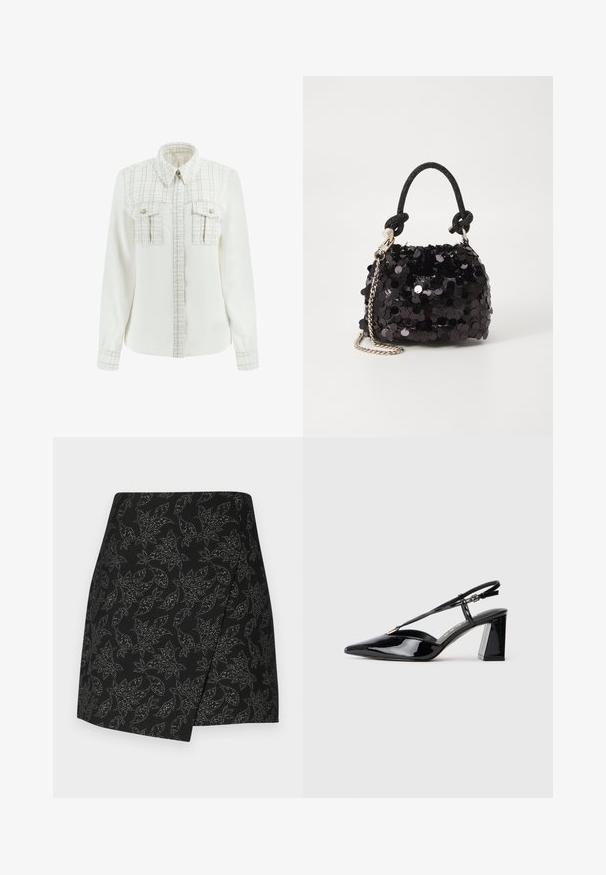 Fehér hosszú ujjú ing, textúrált, kockás anyagú panellel a tetején, két mellzsebbel és gombos díszítéssel a gombolásnál.; Fekete szoknya átkötős dizájnnal, amely ezüst árnyalatú levélmintával díszített. Simogató textúrájú, aszimmetrikus szegéllyel, közép-thigh hosszúságú.; Fekete lakk bőrből készült slingback magas sarkú cipők hegyes orral, állítható pánttal és vastag téglalap alakú sarokkal.; Fekete flitteres mini kézitáska csomózott textúrájú pánttal és ezüst lánccal. Lekerekített forma, ráncolt tetejével és fényvisszaverő részletekkel.