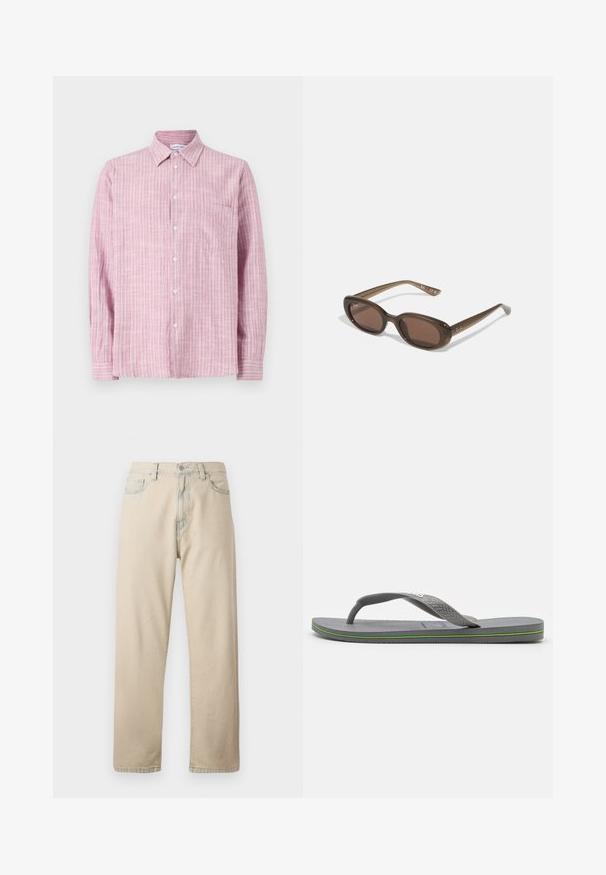 Light pink button-up shirt with thin horizontal stripes in darker shades. Features a collared neck and left chest pocket, made of lightweight fabric.; Beige cotton denim jeans with straight legs, five pockets, belt loops, and a zippered fly. Lightly faded texture and contrast stitching.; Gray flip-flop with a textured sole and a sturdy, patterned rubber strap. Features a low profile and a colorful accent along the edge.; Brown oval sunglasses with dark lenses. Frame has a transparent brown material and features a logo printed on the temples.