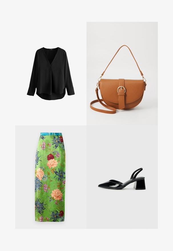 Blouse noire à manches longues en tissu lisse avec un col en V. Elle présente une coupe décontractée et un ourlet arrondi pour un détail supplémentaire.; Jupe midi florale en satin vert, ornée de fleurs colorées en rose, bleu et rouge. Fini avec une taille en teal et des motifs complexes.; Escarpins en cuir verni noir avec bout pointu et talon bloc géométrique. Présente un design élégant et minimaliste ainsi qu'une texture lisse.; Sac bandoulière en cuir marron avec une forme incurvée, quincaillerie dorée et un accent en boucle. Comprend une bandoulière détachable.