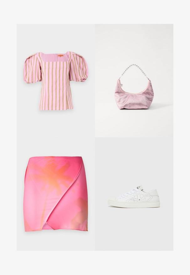 Stine Goya SOFT WEAVE BLOUSON SLEEVE - Palaidinė - wallpaper; Rožinės gradientinės apvalios sijono juostos, pagamintos iš lygaus, tampraus audinio su ombre efektu - nuo ryškios rožinės iki švelnios oranžinės. Paprastas juosmens dizainas.; Balti žemakulniai sportbačiai su perforuotu dizainu, plokščiomis raištelėmis ir tekstūruotu guminiu padu. Išsiskiria minimalistišku stiliumi ir minkštu apdaila.; Rožinės tinklinės rankinės su apvalia forma, kuri turi sidabrinę grandinėlę ir subtakų blizgesį, atskleidžiančią tekstūruotą paviršių.