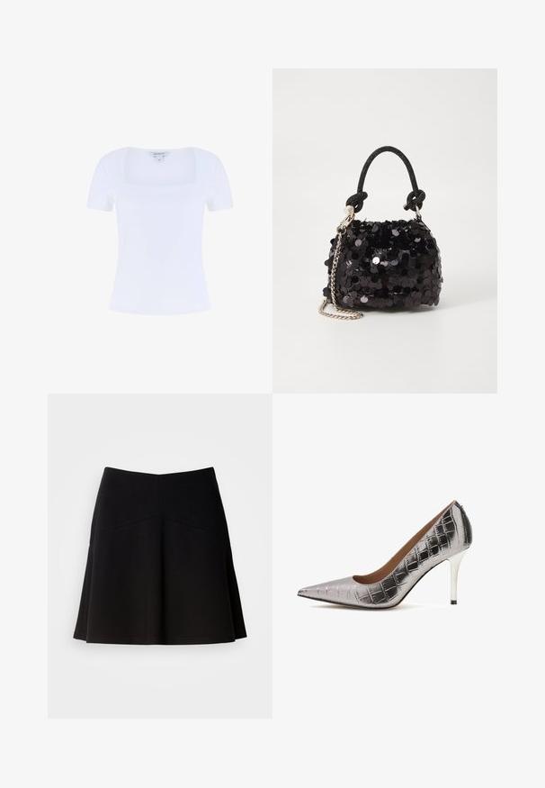 Balta prigludusi marškinėliai su kvadratiniu iškirpimu ir trumpomis rankovėmis, pagaminti iš minkštos medvilnės ir sintetinių pluoštų mišinio, pasižymintys glotnia tekstūra.; Juodas klostuotas sijonas, pagamintas iš minkštos medžiagos, su prigludusia juosmens linija ir siūlių detalėmis. Lygus paviršius su paprastu, klasikiniu dizainu.; Sidabrinė aukštakulnė pumpa, pagaminta iš krokodilo tekstūros dirbtinės medžiagos, su smailiu pirštu ir elegantišku stiletto kulnu su juodu akcentu.; Juodas blizgučių mini rankinukas su mazguotu tekstūruotu dirželiu ir sidabro grandine. Suapvalinta forma su susiraukšlėtopu ir atspindinčiomis detalėmis.