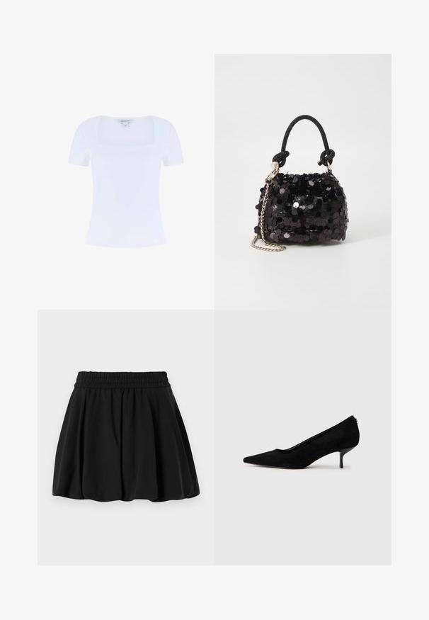 Weißes, eng anliegendes T-Shirt mit quadratischem Ausschnitt und kurzen Ärmeln, aus weichem Baumwollmischgewebe gefertigt, mit glatter Textur.; Schwarze Rock mit einem gerafften Bund, schmalem Design und weicher Textur. Glattes Gewebe ohne sichtbare Muster oder Metallteile.; Schwarzer Wildleder-High-Heel-Schuh mit spitzem Zeh und slim, niedrigem Absatz. Glatte Textur mit elegantem Design, ohne sichtbare Beschläge.; Schwarze Pailletten-Mini-Handtasche mit einem geknoteten, strukturierten Tragegurt und einer silbernen Kette. Abgerundete Form mit gerafftem oberen Teil und reflektierenden Details.