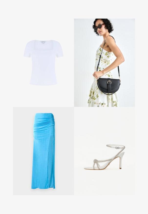 Tricou alb, ajustat, cu decolteu pătrat și mâneci scurte, realizat dintr-o țesătură moale din bumbac, având o textură netedă.; Fustă maxi din velur albastru, cu detalii volan la talie, având o fanta laterală și o textură netedă pentru o siluetă fluidă.; Sandalie albe cu toc înalt, cu o curea texturată ce prezintă strasuri, design cu vârf deschis și curea pentru gleznă cu cataramă ajustabilă.; Geantă din piele neagră, cu o formă curbată, curea detașabilă și accesorii aurii. Geanta are un capac cu un detaliu tip cataramă.