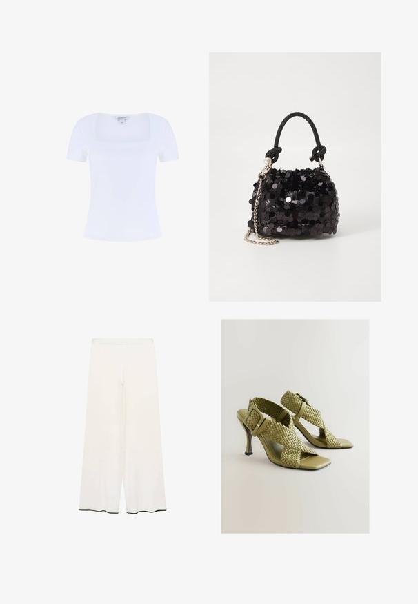 Witte getailleerde t-shirt met een vierkante hals en korte mouwen, gemaakt van een zachte katoenmix, met een gladde textuur.; Brede broek in crème stof met een gladde textuur. Voorzien van een schone tailleband en zwarte bies langs de zoom voor contrast.; Groene geweven sandalen met hak, verstelbare gesp, vierkante open teen, en een gladde zool. Heeft een elegante, slanke hoge hak en gestructureerde banden.; Zwarte pailletten mini handtas met een geknoopte textuurriem en zilveren ketting. Rondvormig met een geplooide bovenkant en reflecterende details.
