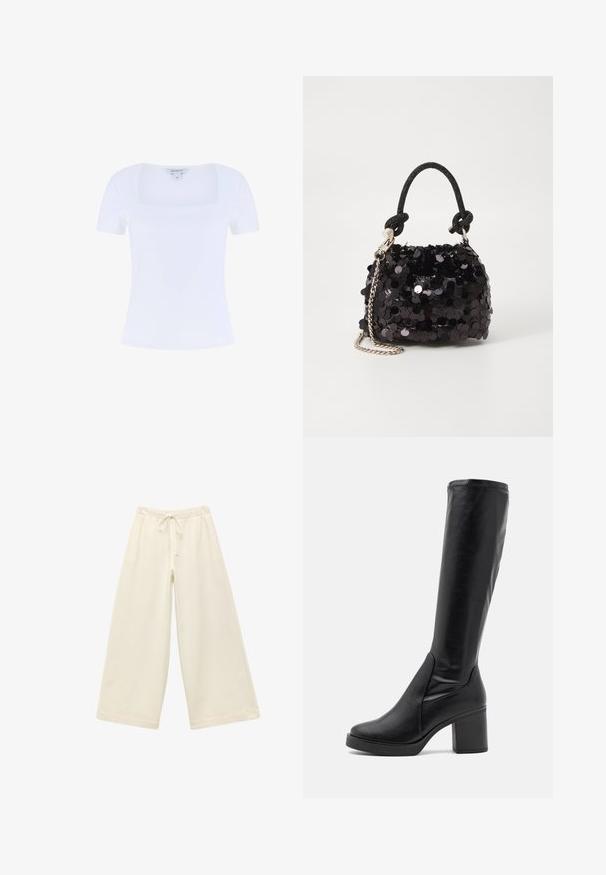 Camiseta blanca ajustada con escote cuadrado y mangas cortas, fabricada en una suave mezcla de algodón, que presenta una textura lisa.; Pantalones amplios color crema con cinturilla elástica y cordón. Textura suave, hasta la rodilla, con un corte holgado y sin patrones visibles.; Botas negras hasta la rodilla hechas de cuero suave, con un tacón robusto y punta redondeada. Presentan un diseño sin costuras y sutiles detalles de costura.; Bolso de mano mini negro con lentejuelas, con una correa de textura anudada y cadena plateada. Forma redondeada con parte superior fruncida y detalles reflectantes.