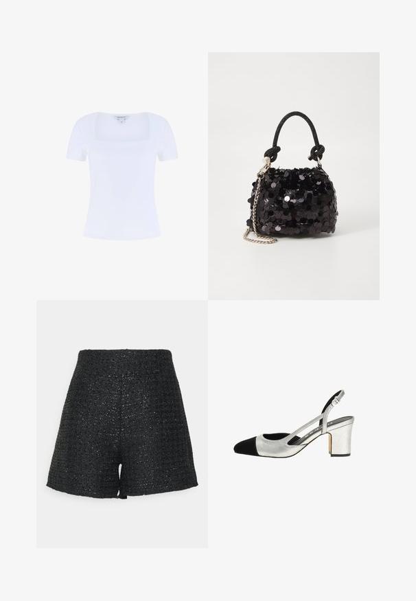 Bela prilegajoča majica s kvadratnim izrezom in kratkimi rokavi, izdelana iz mešanice mehkih bombažnih vlaken, ki se ponaša z gladko teksturo.; Črne tkane hlače s teksturiranim zaključkom in subtilnim sijajem. Imajo visok pas in strukturirano A-linijsko obliko.; Srebrni slingback čevlji z črnim kapo in teksturirano zgornjo površino, ter blok peto. Imajo izrezane stranske dele in nastavljiv trak za prilagajanje.; Črna mini torbica s palčkami iz bleščic, z vozlanim teksturiranim trakom in srebrnima verigama. Okrogla oblika z nabranim vrhom in odsevnimi detajli.