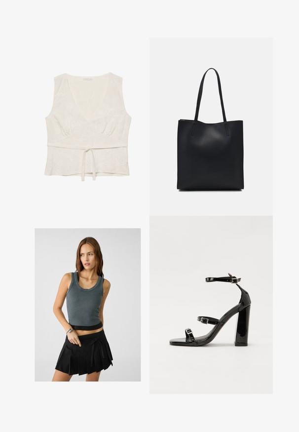 Biała lniana bluzka z dekoltem w serek, lekko marszczonym wcięciem w talii i wiązanym przodem. Ozdobiona delikatnym haftem kwiatowym. Bez rękawów.; Szary prążkowany top bez rękawów z okrągłym dekoltem i czarnym wykończeniem, w połączeniu z plisowaną czarną mini spódnicą z wiązaniem z przodu.; Czarne lakierowane sandały na obcasie z kwadratowym noskiem, z paskami wokół kostki i srebrnymi klamrami. Posiadają masywny słupek dla stabilności.; Czarna skórzana torba tote o gładkiej fakturze, prostokątnym kształcie i dwóch długich uchwytach. Brak widocznych elementów metalowych i ozdób.