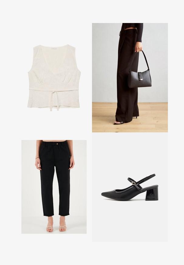 Biely ľanový top s výstrihom do V, mierne zhromaždeným pásom a viazaním vpredu. Obsahuje jemnú kvetinovú výšivku po celom povrchu. Bezrukávový dizajn.; Čierne, voľné nohavice vyrobené z bavlny, s elastickým pásom, zapínaním na gombík a preverbovanými nohavicami. Hladká textura a ležérny dizajn.; Čierne lakované kožené lodičky so slingback dizajnom, špicatou špičkou, zaobleným výrezom a blokovým podpätkom. Obsahuje akcent zlatého tónu s prackou.; Čierna kabelka so štruktúrovaným tvarom, hladkou textúrou a kovovou sponou. V kombinácii so širokými čiernymi nohavicami a sandálmi s otvorenou špičkou na drevenej podlahe.