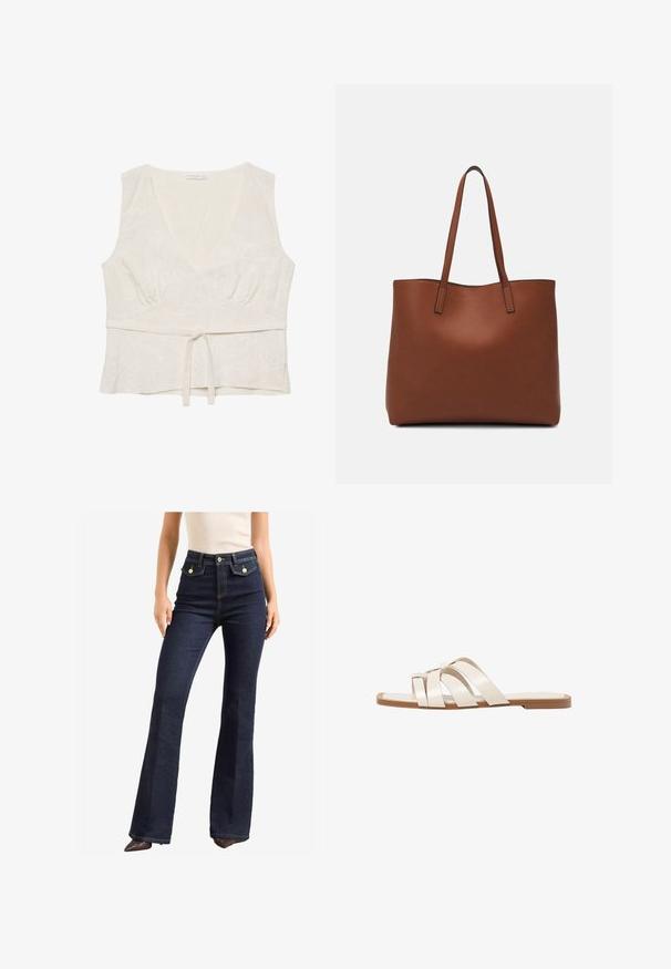 Biely ľanový top s výstrihom do V, mierne zhromaždeným pásom a viazaním vpredu. Obsahuje jemnú kvetinovú výšivku po celom povrchu. Bezrukávový dizajn.; Tmavomodré, vysoké džínsy s rozšírenými nohavicami. Obsahujú dve predné vrecká so zlatými doplnkami a kontrastným prešívaním. Hladký povrch.; Ploché sandále s hnedou gumovou podrážkou, navrhnuté s tromi prekrývajúcimi sa bielymi koženými popruhmi a malou mašličkou uprostred.; Hnedá kožená taška na rameno s hladkou textúrou, otvoreným vrchom a dvoma ramenými popruhmi. Má minimálne šitia a žiadne viditeľné kovania.